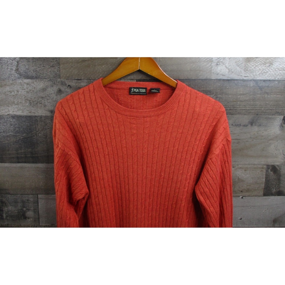 PGA TOUR Sweater Mens Large Orange Silk Cashmere Blend Cable Knit Crewneck Golf